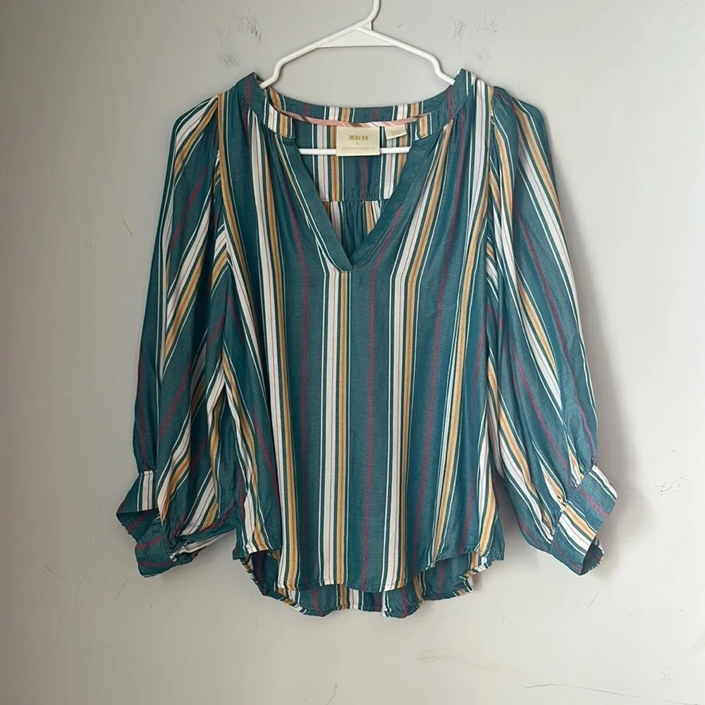 Anthropologie Maeve Byron Striped Blouse Split Neck Size S - Picture 4 of 7